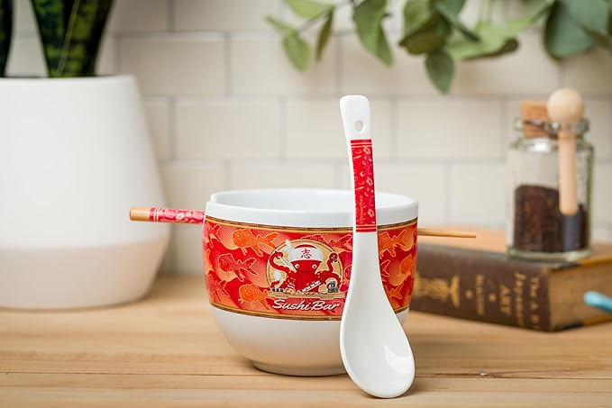 Silver Buffalo Disney Pixar Monsters Inc Harryhausen's Octopus Chef Sushi Bar Ceramic Ramen Noodle Rice Bowl with Chopsticks and Spoon, Microwave Safe, 20 Ounces