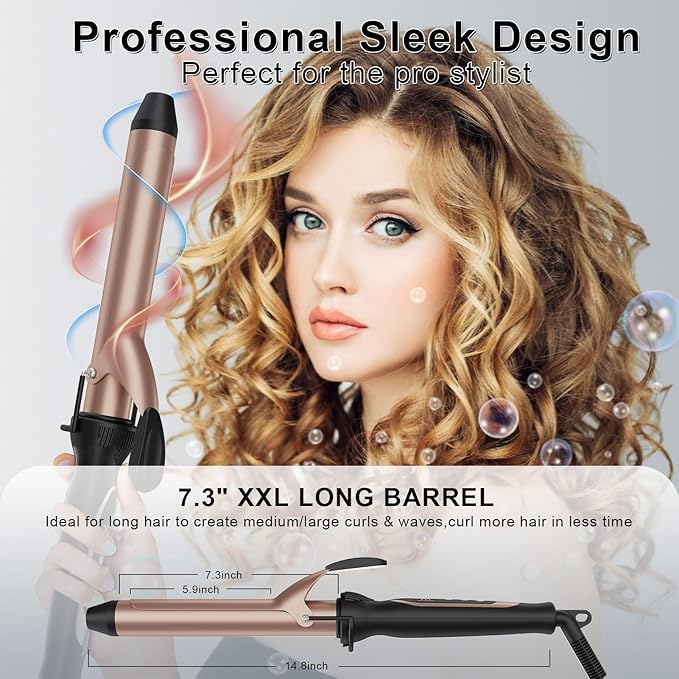 Curling Iron for Salon & Home, 1 Inch Instant Heat Curling Wand for Long Hair, Clipped Large Barrel(7.3 in), Professional 1 in (32mm) Hair Curlers up to 446°F, Dual Voltage Travel Waving Tool