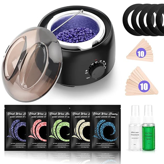 Waxing Kit - Wax Warmer for Hair Removal, Hard Wax Kit with 14oz 5 Bags Hard Wax Beans for Full Body, Legs, Face, Eyebrows, Bikini, Brazilian Waxing Kit for Women Men