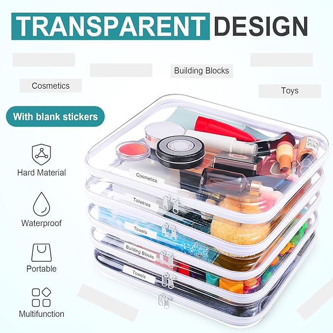 Sanwuta 10 Pcs Hard Zipper Case Clear Hard Pouches Plastic Zipper Pencil Box Toy Storage Bins Portable Plastic Container for Travel Toiletry Office Cosmetic Block Puzzle Organizer(L,Clear)