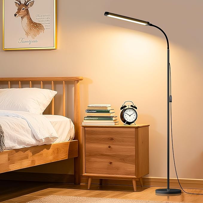 Modern LED Floor Lamp for Reading in Black, Bright 12W Dimmable Standing Light with Adjustable Gooseneck, 3 Color Temperatures, for Living Room corner, Office, Study Room, bedroom bedside nursery,lash