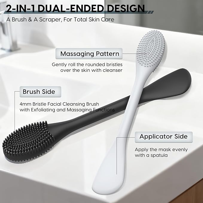 Silicone Facial Cleansing Brush - 2PC Double Ended Exfoliator for Deep Pore Cleaning, Blackhead Removal & Makeup Application - Soft, Hygienic & Waterproof Face Scrubber Massager（Black+Gray）