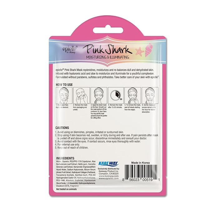 Epielle Character Face Mask Pink Shark 6 Pack, Fun & Effective Korean Skin Care, Spa Party Favors, Stocking Stuffers, Birthday Gifts for Women, Thanksgiving Essentials