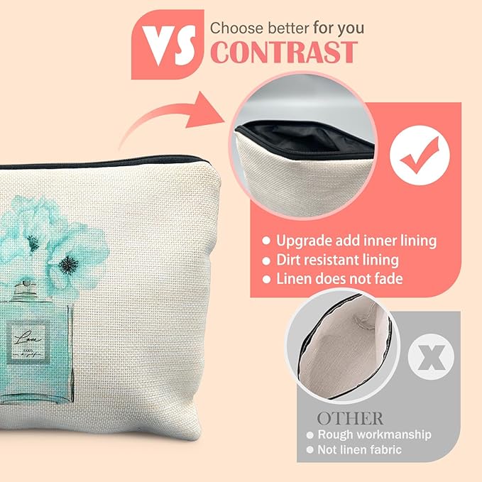 Trendy Teal Makeup Bag for Women, Fashion Turquoise Floral Perfume Bottle Modern Aesthetic Cosmetic Bag for Purse, Preppy Girly Turquoise Makeup Zipper Pouch