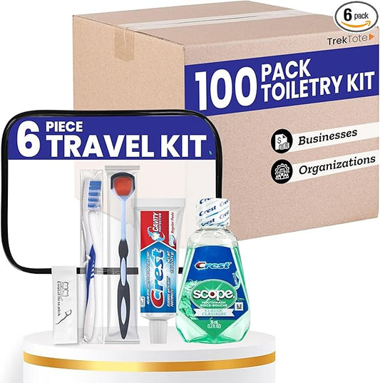 Trektote Bulk Toothpaste and Toothbrush Set- (100 Pack) 6 Piece Dental Care Kit, TSA Compliant, Includes Toothpaste, Toothbrush, Mouthwash, Flosses and Premium Toiletry Bag