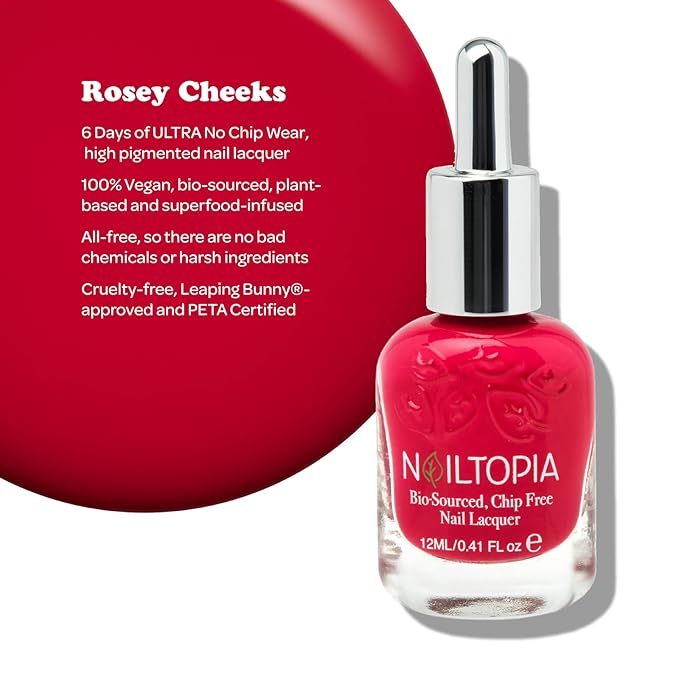 Nailtopia - Plant-Based Chip Free Nail Lacquer - Non Toxic, Bio-Sourced, Long-Lasting, Strengthening Polish - Rosey Cheeks (Rosey Rouge) - 0.41oz