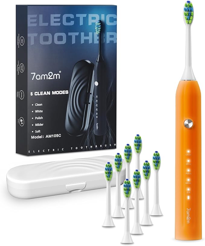 7AM2M Sonic Electric Toothbrush for Adults and Kids, with 8 Brush Heads and Travel Case,5 Modes with 2 Minutes Built in Smart Timer, One Charge Use for 90 Days, Rechargeable Toothbrushes (Orange)