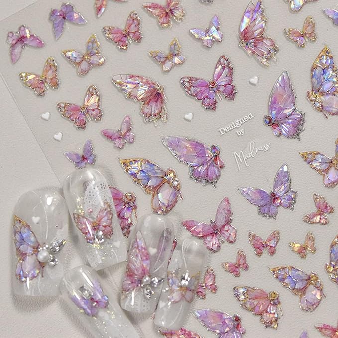 Butterfly Nail Art Stickers Decals Pink Butterfly 5D Embossed Nail Decals Shell Light Butterflies Nail Designs Adhesive Sticker Manicure Accessories for Women Girls DIY Nail Art Decorations Supplies