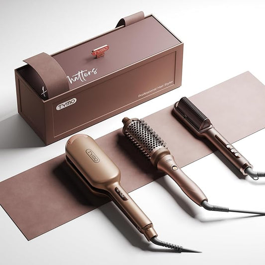 TYMO 2025 Limited Edition Styling Set - Include TYMO ROVY Hair Crimper Wave Curling Iron & Ring Plus Straightener Brush & STYLUX Thermal Brush, 3 in 1 Ionic Hair Curler Tool Set for Women