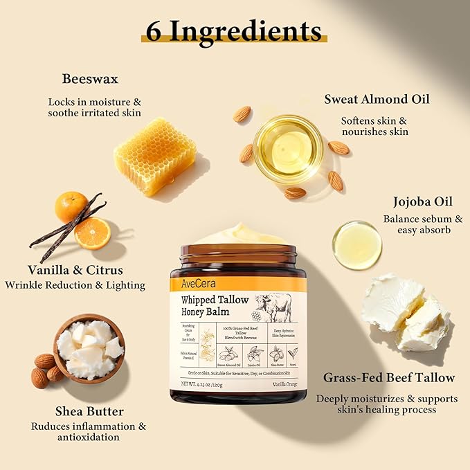 Beef Tallow for Skin - Organic Grass Fed Beef Tallow Balm for Face & Body Moisturizer - Whipped Tallow and Honey Balm Deeply Hydrates for Sensitive, Dry Skin Care - 4.23 oz, Vanilla Orange