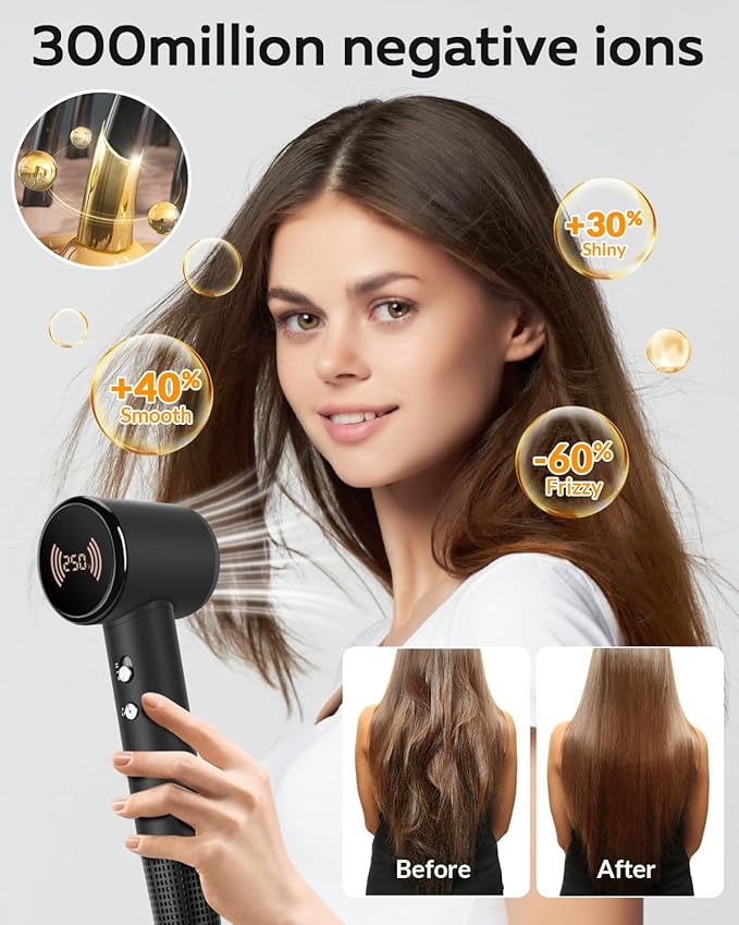 Hair Dryer,Travel Hair Dryer with Diffuser,110000 RPM High Speed Ionic Blow Dryer,Temperature Display,Low Noise&Lightweight Blow Dryer,Fast-Drying,No Heat Damage,Suitable for All Hairstyles(Black)