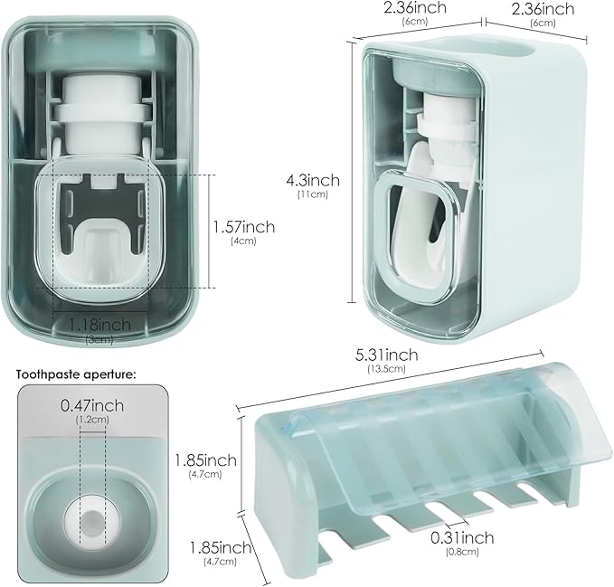 5 Slots Wall Mount Toothbrush Holder with Cover, Self Adhesive Toothbrush Storage Organizer for Shower, Toothbrush Hanger with Automatic Toothpaste Squeezer Dispenser (Blue)