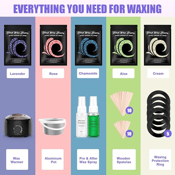 Waxing Kit - Wax Warmer for Hair Removal, Hard Wax Kit with 14oz 5 Bags Hard Wax Beans for Full Body, Legs, Face, Eyebrows, Bikini, Brazilian Waxing Kit for Women Men