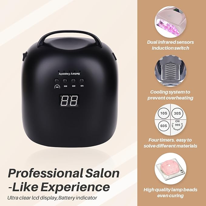 52 Beads Professional UV LED Nail Lamp - Long Battery Life Rechargeable Nail Light for Gel Nails,Nail Tech Must Haves UV Fast Dryer Lamp for Gel Polish (JC22-Pro,Matte Black)