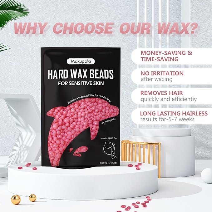 3 lb Hard Wax Beads for Hair Removal, Pink Grande Bulk Waxing Beads for Coarse & Fine Hair, Face Bikini Body Brazilian Sensitive Skin, Stripless Wax Bean, Big bag for Professional Salon & Home Refill