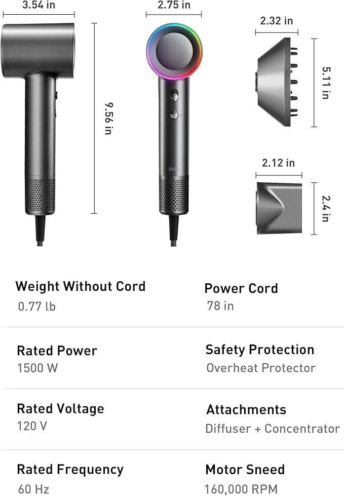 High-Speed Hair Dryer, 160,000 RPM Brushless Motor for Ultra-Fast Drying,500M Ionic Negative for Frizz Reduce, Low Noise Thermo-Control Blow Dryer with Diffuser for Curly Hair Women and Men,Grey