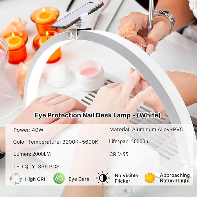 iMeshbean 29in Large Foldable Half Moon Light for Nail Desk with Phone Stand, 7 Color Temperature (3200K-5600K) & 10 Adjustable Brightness, 40W Nail Desk Lamp, Salon, Eyelash, Makeup, Tattoo