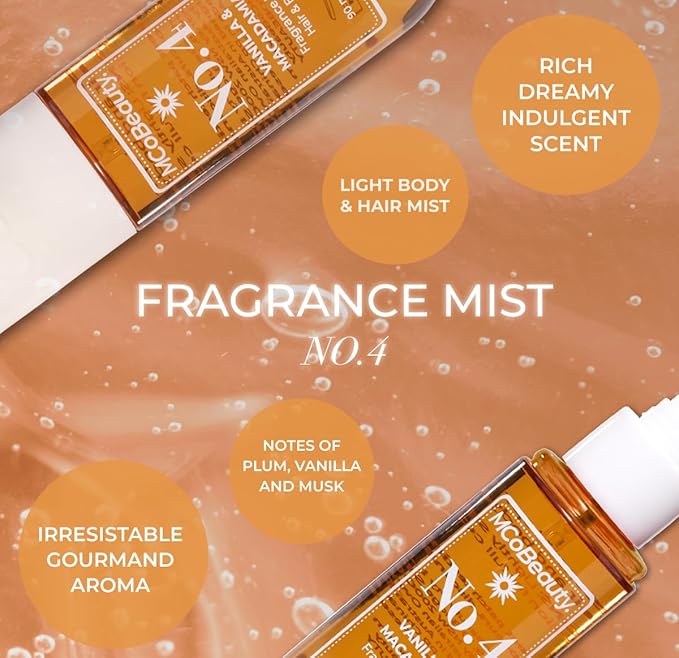 MCoBeauty - Fragrance Mist No.4 - Light Body Mist and Hair Perfume with Caramel, Macadamia, White Chocolate and Sea Salt - Gifts for Women, Feminine Spray, Self Care Gifts for Women - 90ml Bottle