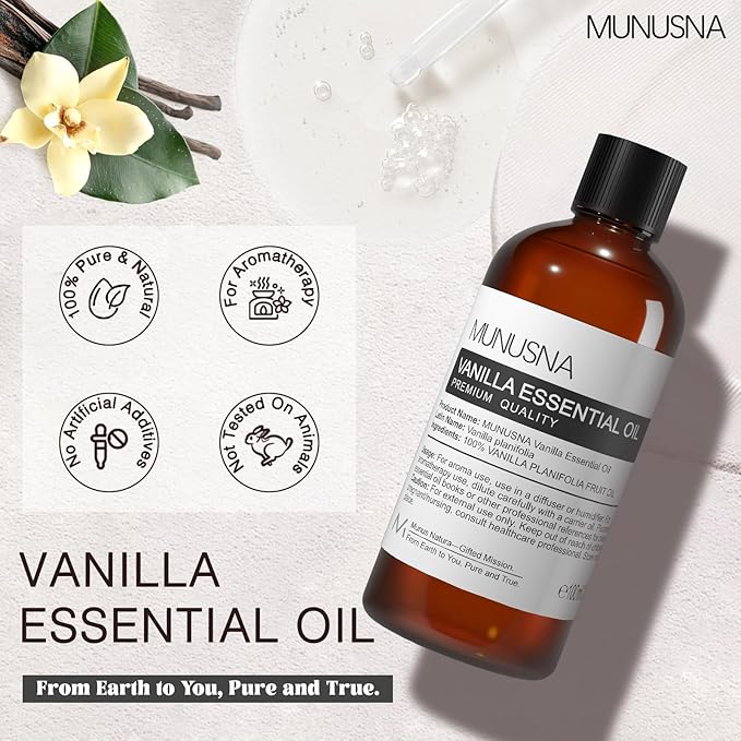 Vanilla Essential Oil, 100% Natural and Pure Vanilla Oil for Skin Care, 100ML Premium Grade Essential Oils Aromatherapy Scented Oils for Diffuser, Humidifier, Home, Candle Soap Making