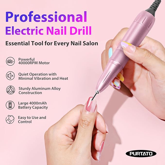 Professional Nail Drill 40,000 RPM, Rechargeable,LCD Display E File Machine for Acrylic Nails Gel Polishing Removing Portable Nails Efile Tools for Manicure Salon & Home (Pink)
