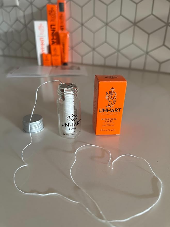 Linhart Dental Microfiber Dental Floss – 25m Eco Refillable Glass Bottle – Mint & Xylitol – Gentle, Non-Tearing, Dentist Designed – Sustainable, Vegan, BPA-Free, Freshens Breath Naturally