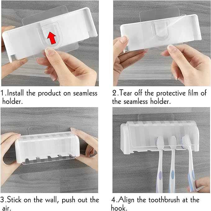 5 Slots Wall Mount Toothbrush Holder with Cover, Self Adhesive Toothbrush Storage Organizer for Shower, Toothbrush Hanger for Bathroom, Medicine Cabinet, Dorm