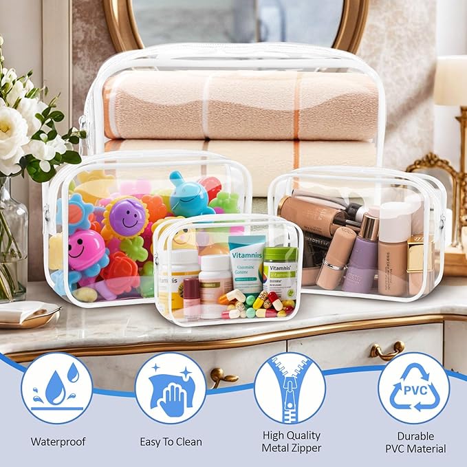 Clear Makeup Bags Plastic Cosmetic Bag TAS Toiletry Bag for Travelling PVC Clear Pouch Organizer Bag for Women (4, white, Multisize)