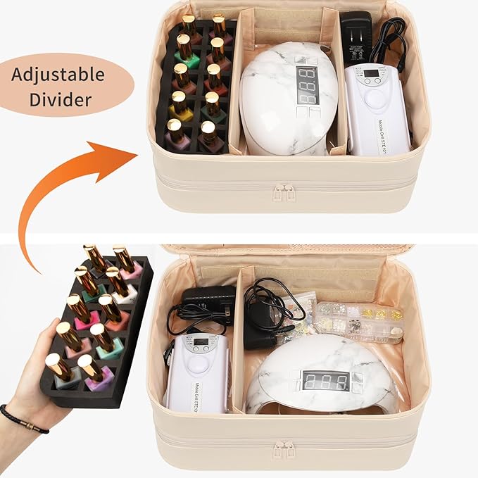 Ethereal Nail Polish Organizer Case, Leather Nail Polish Bag Holds 50+ Bottles (5ml/0.5fl.oz) and Nail Lamp, Nail Storage Organizer with Compartment, Leather White