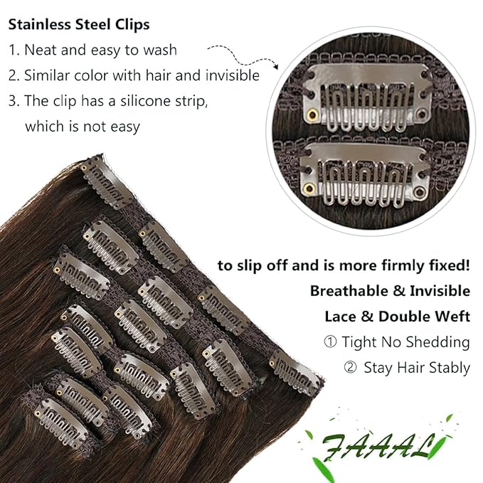 20" Clip in Human Hair Extensions Full Head 180g 7 Pieces 16 Clips 4# Chocolate Brown Double Weft Brazilian Real Remy Hair Extensions Thick Straight Silky (20" 180g, Chocolate Brown)