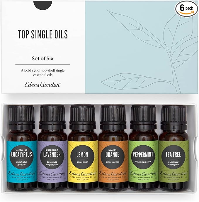Edens Garden Top Essential Oils 6 Set – 100% Pure Therapeutic Grade, Undiluted: Lavender, Peppermint, Eucalyptus, Tea Tree, Lemongrass, Sweet Orange – Aromatherapy Oil for Diffusers, 10 ml/ 6 Pack