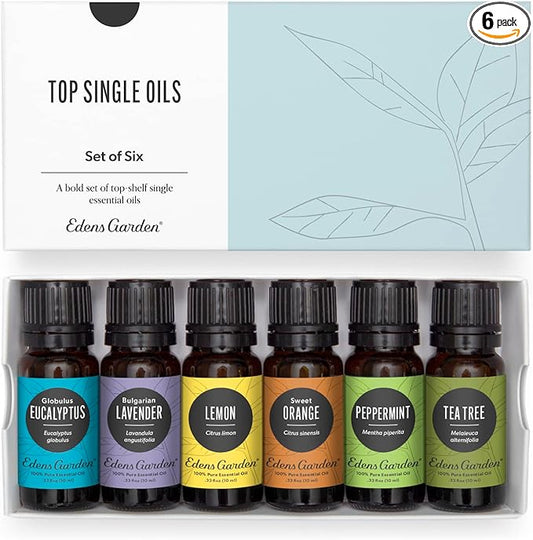 Edens Garden Top Essential Oils 6 Set – 100% Pure Therapeutic Grade, Undiluted: Lavender, Peppermint, Eucalyptus, Tea Tree, Lemongrass, Sweet Orange – Aromatherapy Oil for Diffusers, 10 ml/ 6 Pack