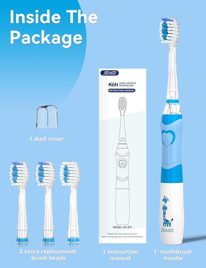 SEAGO Kids Electric Toothbrush with 2 Mins Brushing Timer and 4 Replacement Bursh Heads, Rainbow LED Light Make Brushing Fun, Boys Battery Powerd Toothbrush for 4-12 Years Old，SG-977 (Light Blue)