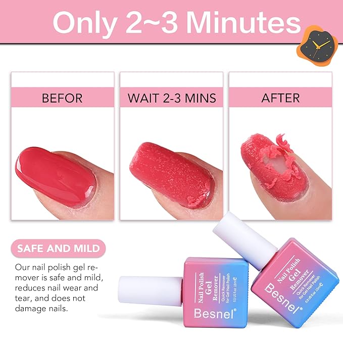 Gel Nail Polish Remover 3 Pack Professional Gel Polish Remover Non-Irritating Quick Easy,Gel Remover Tools Kit Nail File Cuticle Pusher Nail File Grit,No Need For Foil Soaking Or Wrapping