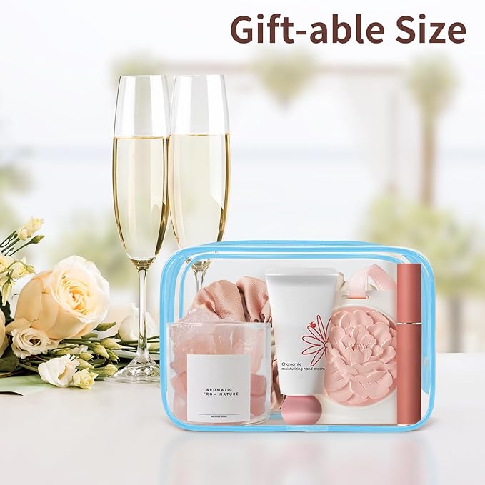 TISRATOK 12 PCS Clear Makeup Bag for Women with Zipper, TSA Approved Toiletry Pouch, Cosmetic Bag Bulk for Travel Organizer Essentials - Blue,Small