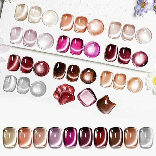 JODSONE Cat Eye Gel Nail Polish Set Pink Rose Red Sliver Collection 10 Colors Holographic Sparkle Cat Eye with Base Coat Top Coat Magnet DIY Nail Art Gift