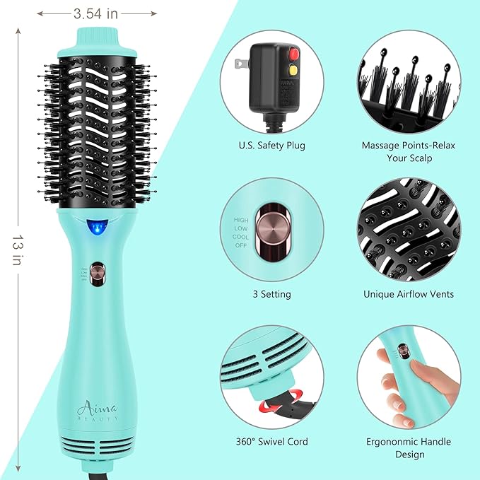Hot Air Brush, Aima Beauty Professional One Step Hair Dryer & Volumizer 4 in 1 Upgrade Anti-Scald Negative Ionic Technology for All Hair Types, Light Green