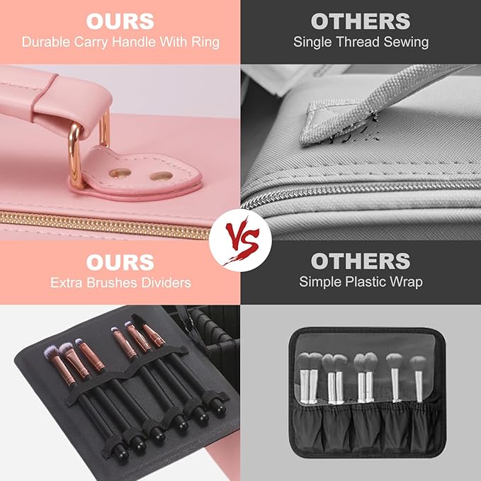 Mocado Travel Makeup Bag with LED Lighted Mirror,Makeup Case with 3 Color Lighted Setting and 10x Magnifying Mirror, Portable Storage and Adjustable Dividers (Pink with Hard Leather)