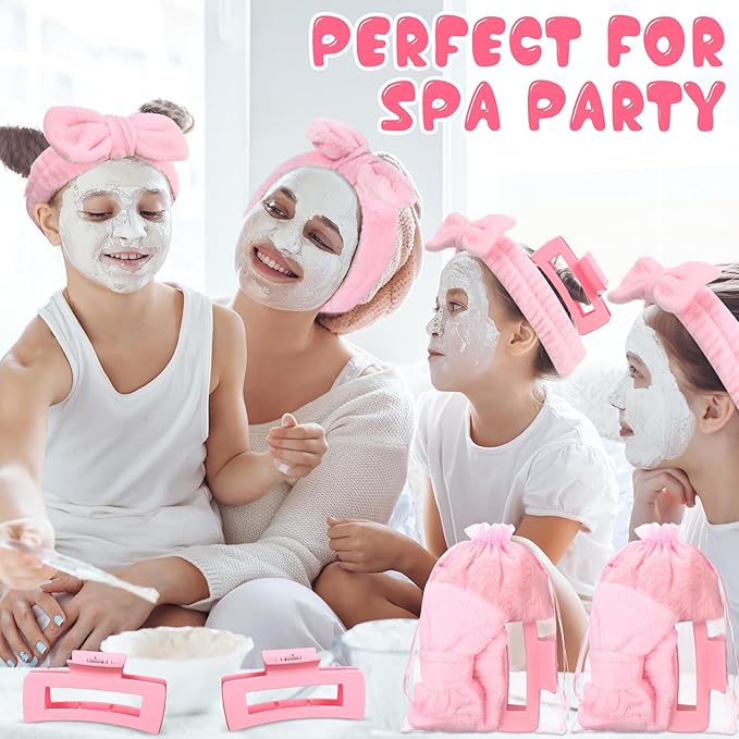 48 Pcs Spa Party Supplies Sleep over Essentials 12 Pink Spa Headband 12 Pink Plush Sleep Eye Mask 12 Claw Clips 12 Organza Bags for Slumber Party Christmas Gift
