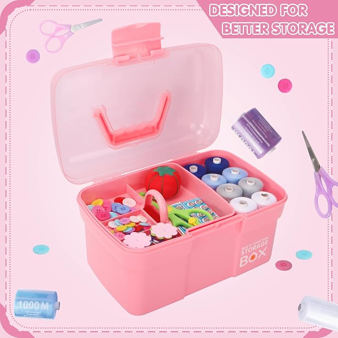 11in Mutipurpose Storage Box Organizer with Removable Tray, Portable Small Craft Organizer with Handle, Plastic Clear Tool Box Art Case for Makeup, Sewing, Nail, Hair Accessories (Pink)