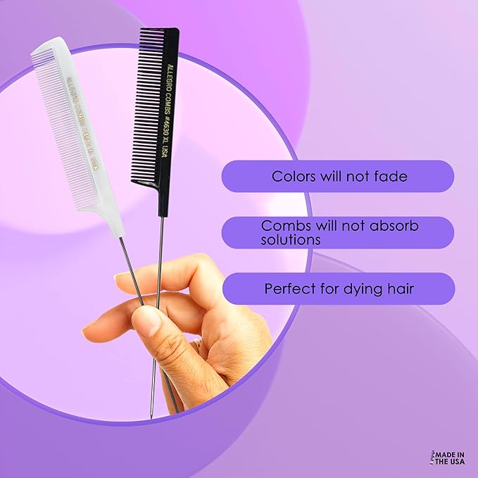 Allegro XL Pintail Rat Tail & Parting Combs - Metal Tail Foiling & Pin Combs (2 Pc., BLACK & WHITE)