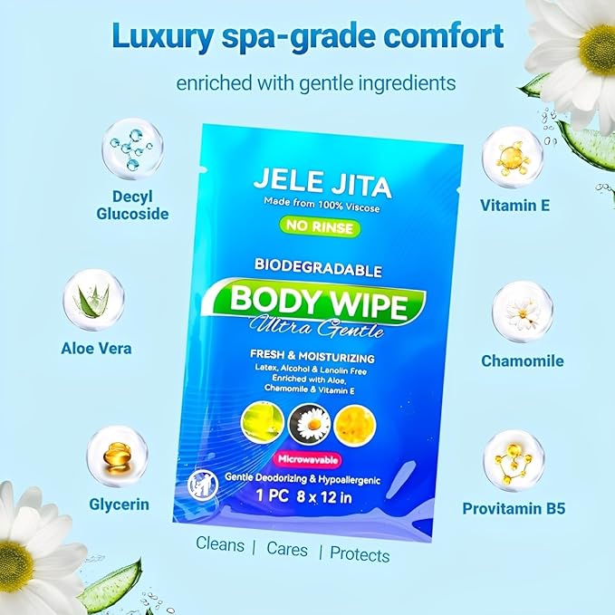 Ultra Gentle Body Wipes No Rinse, 30 Individually Wrapped Personal Hygiene Shower Wipes for Women and Men, Spa-Grade Comfort, Biodegradable, Great for Gym Travel Camping Post Surgery 8"x12" Unscented