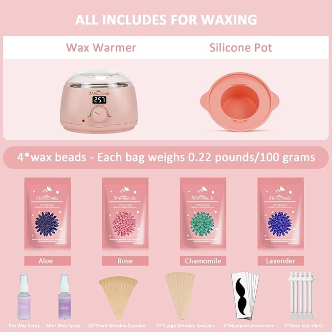 Waxing Kit -Digital Wax Warmer Machine for Hair Removal with 4 Packs of Hard Wax Beads & Silicone Pot for Full Body, Legs, Face, Eyebrows, Bikini, Brazilian at Home Waxing Kit for Women Men