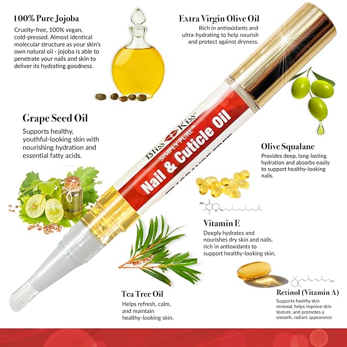 Bliss Kiss | 1 Fragrance Free | Nail Oil Cuticle Pen w/Vitamin E & Jojoba⏤Nail Strengthener Nail Growth Serum for Brittle Peeling Breaking Thin Nails