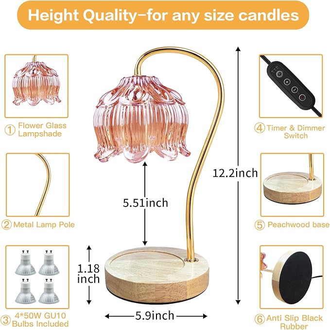 Dimmable Flower Candle Warmer Lamp, Pink Candle Warmer with Timer & 4Bulbs, Birthday Gifts for Women, House Warming Gifts New Home Bedroom Decor