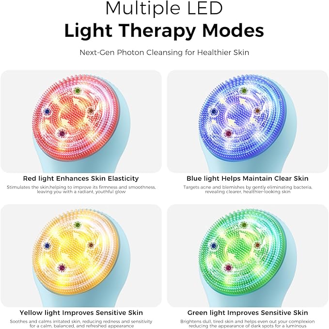 Facial Cleansing Brush Electric Face Scrubber - Rechargeable Face Cleansing Brush with 4 LED Gentle Light Silicone Heat and Vibration Exfoliator Massage Deep Cleansing,IPX7 Waterproof,Ideal Gift﻿