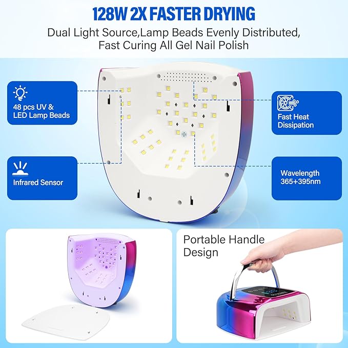 UV LED Nail Lamp Dryers Cordless 128W Portable Rechargeable UV Light for Gel Nails Polish Kit,Fast Curing Wireless Builder Gel Lamp with Sensor 3 Timer LCD Display 48 LED,Manicure Pedicure Art Tools