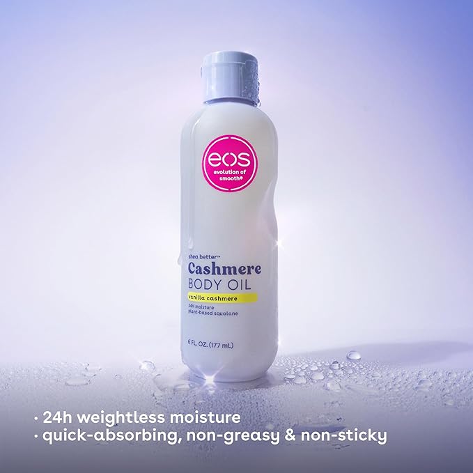 eos Cashmere Body Oil, Vanilla Cashmere, 24 Hour Moisture, Plant-Based Squalane to Soothe, Soften And Smooth Dry Skin, Body Oil, 6 fl oz