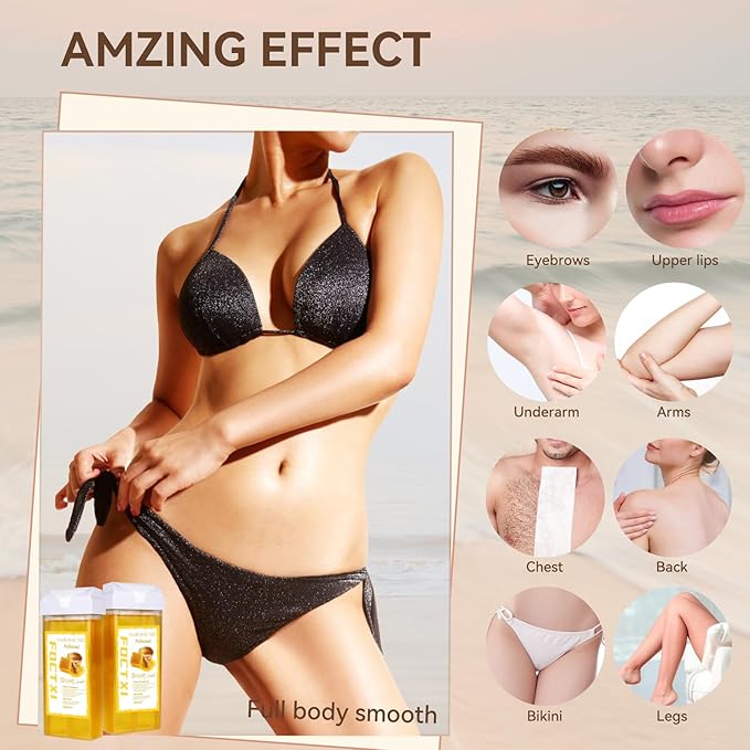 Roll On Waxing Kit for Sensitive Skin - Hair Removal with 2 Honey Soft Wax Cartridges and 100 Non-Woven Wax Strips, 10 Wipes