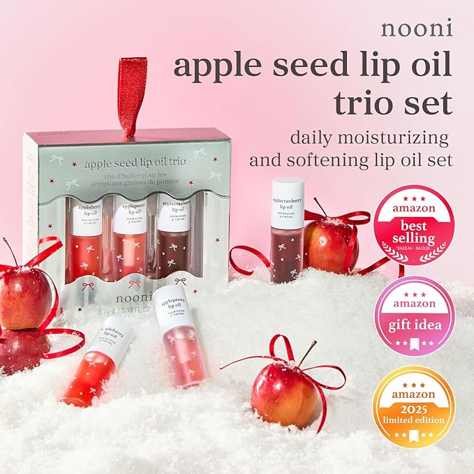 NOONI Korean Lip Oil Stain Set - Appleseed Lip Oil Trio | 2025 Holiday Ribbon Limited Edition, Korean Lip Stain Long Lasting, Stocking Stuffers, Teen Girl Gifts Stuff, lip plumper 0.12 Fl. Oz. x 3ea