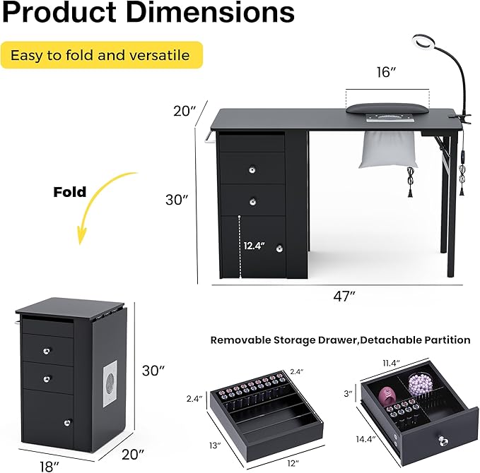 Foldable Nail Table with Dust Collector, Manicure Desk for Nail Tech,with LED Lamp, Wrist Rest, Rolling Nail Table for Salon, Home Beauty Workstation, Compact Nail Station with Storage (Black)